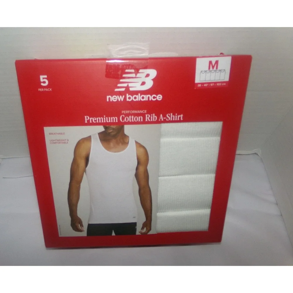 New Balance Mens 5 Pack Premium Cotton Rib A-Shirt White Tank Top Size M